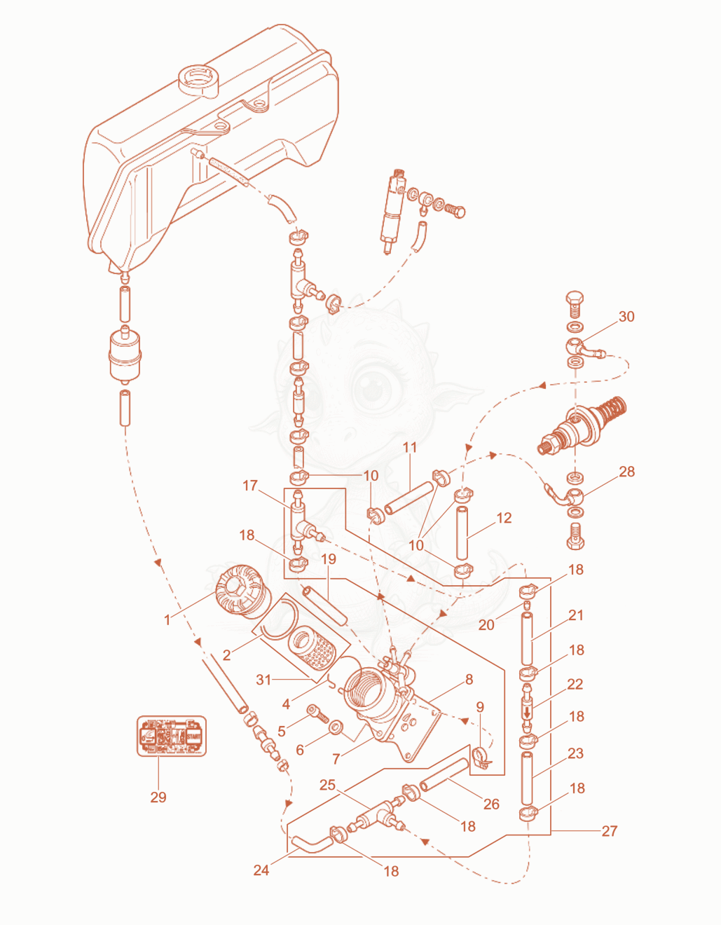 Exploded parts diagram of the Automatic shut-off mech. of a Wacker Neuson RD7HEH, with numbered balloons