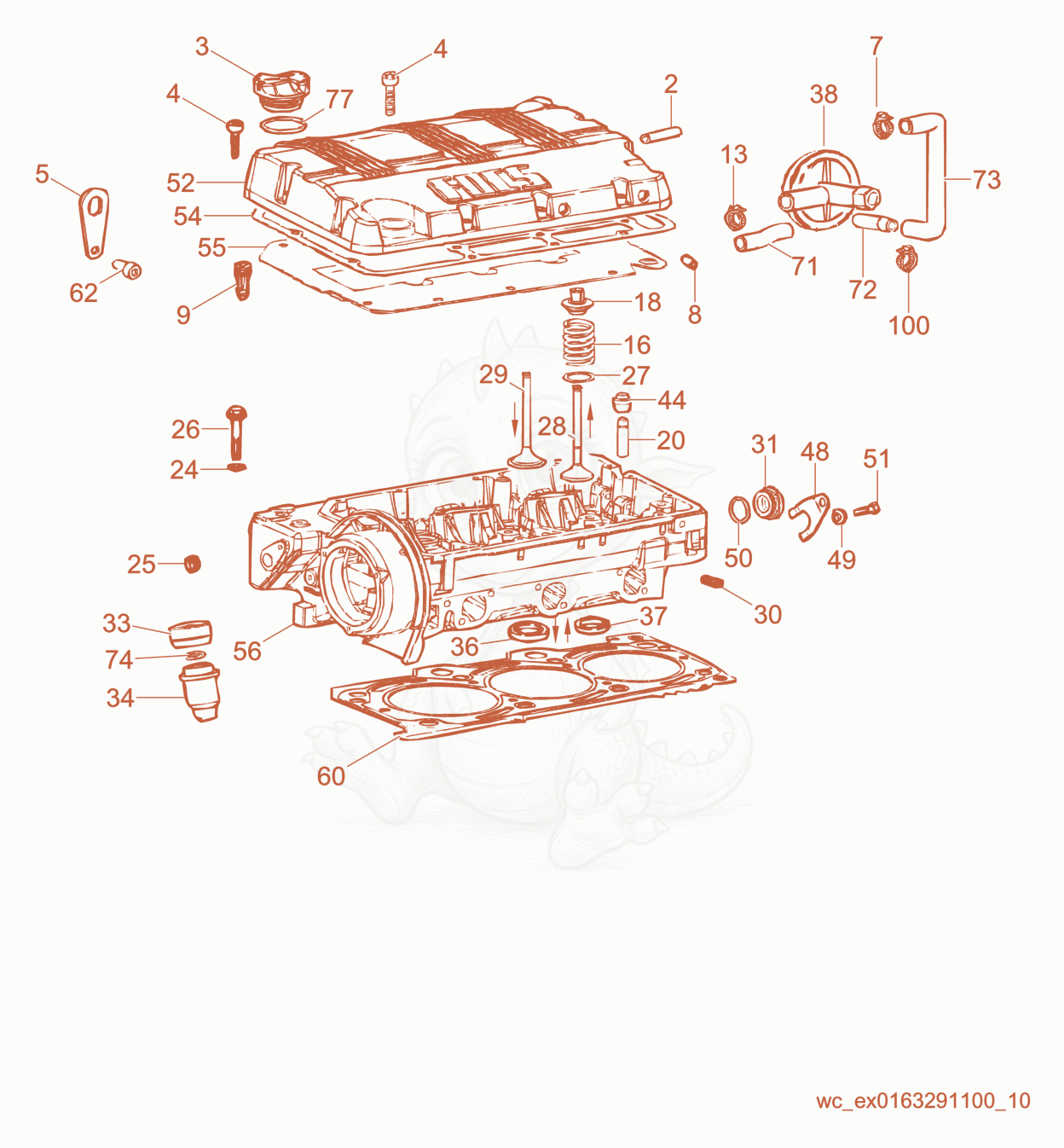 Exploded parts diagram of the Cylinder Head of a Wacker Neuson RD16-100, with numbered balloons