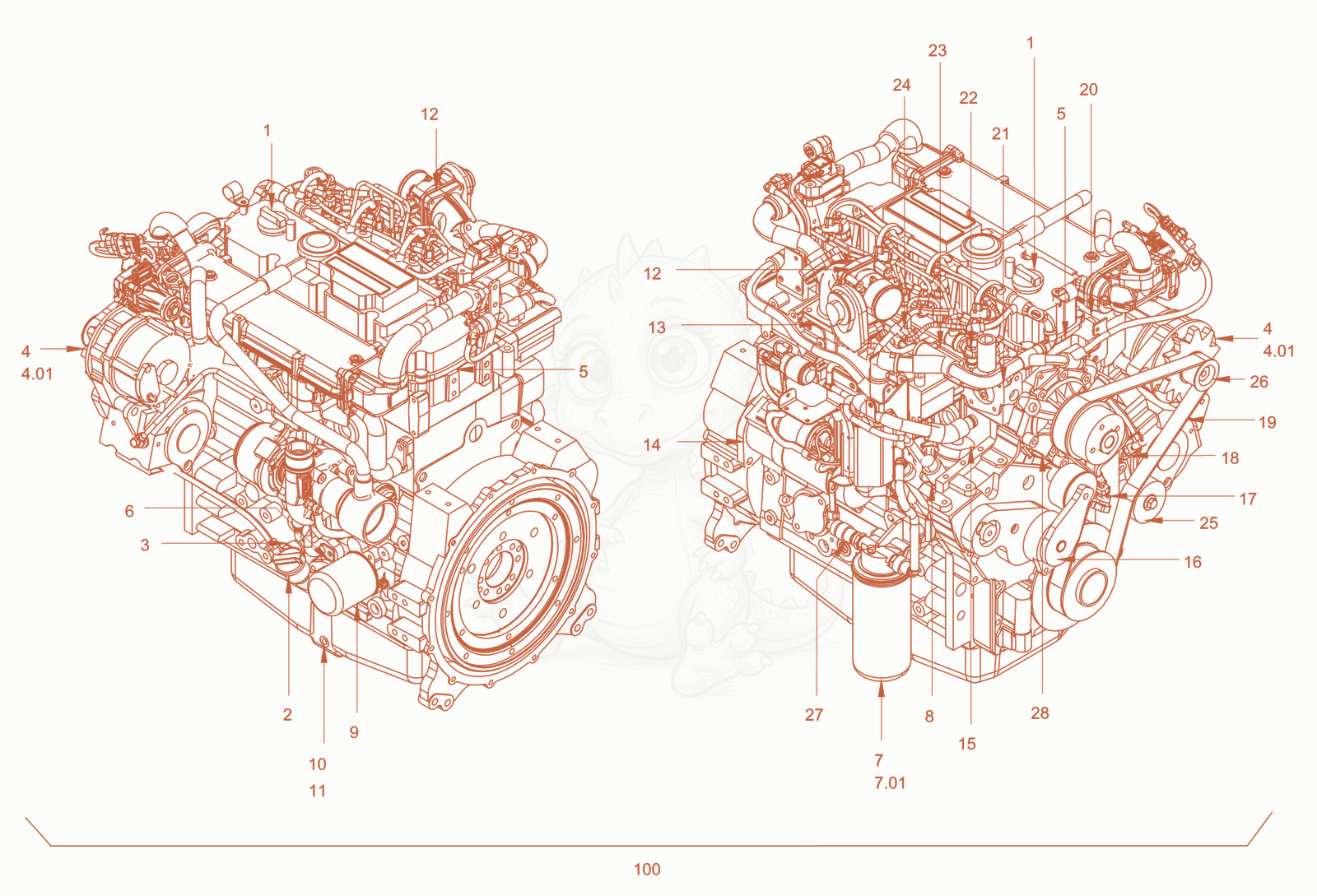 Despiece del pump drive and engine assembly de una máquina Wacker Neuson RC110USCAB, con globos numerados