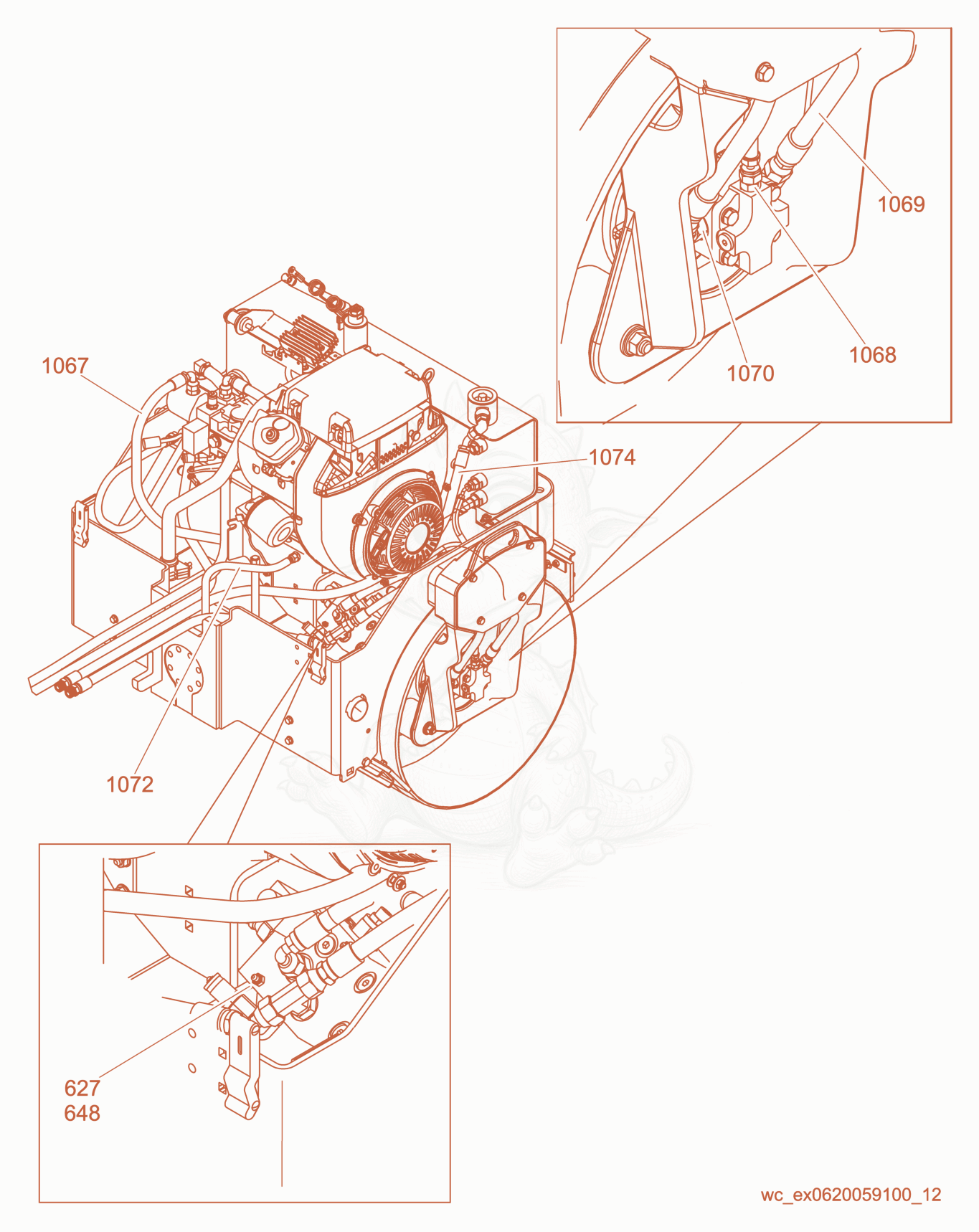 Exploded parts diagram of the Exciter Motor Right Side of a Wacker Neuson RD12-90, with numbered balloons
