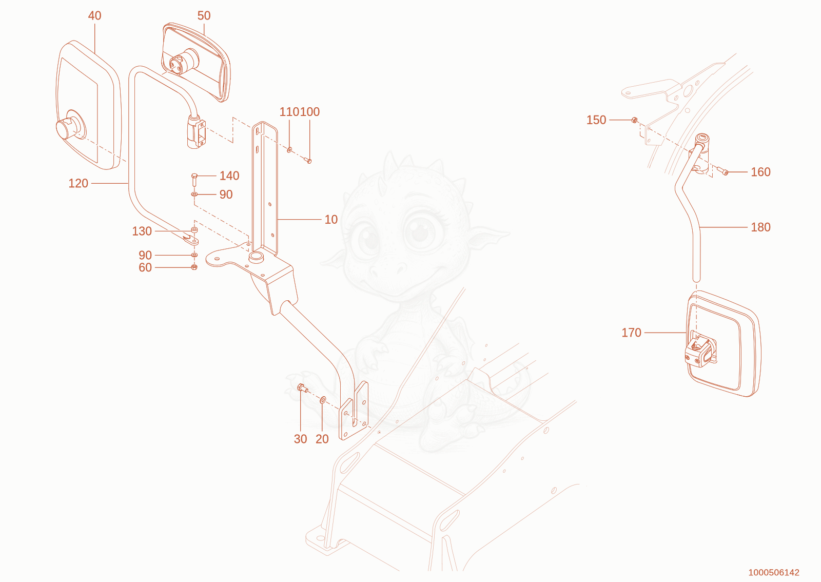 Exploded parts diagram of the rearview mirror of a Wacker Neuson TH412(T01-01), with numbered balloons