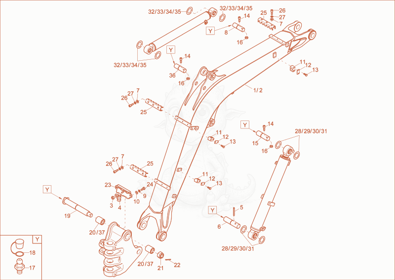 Exploded parts diagram of the lift arm of a Wacker Neuson EZ38, with numbered balloons