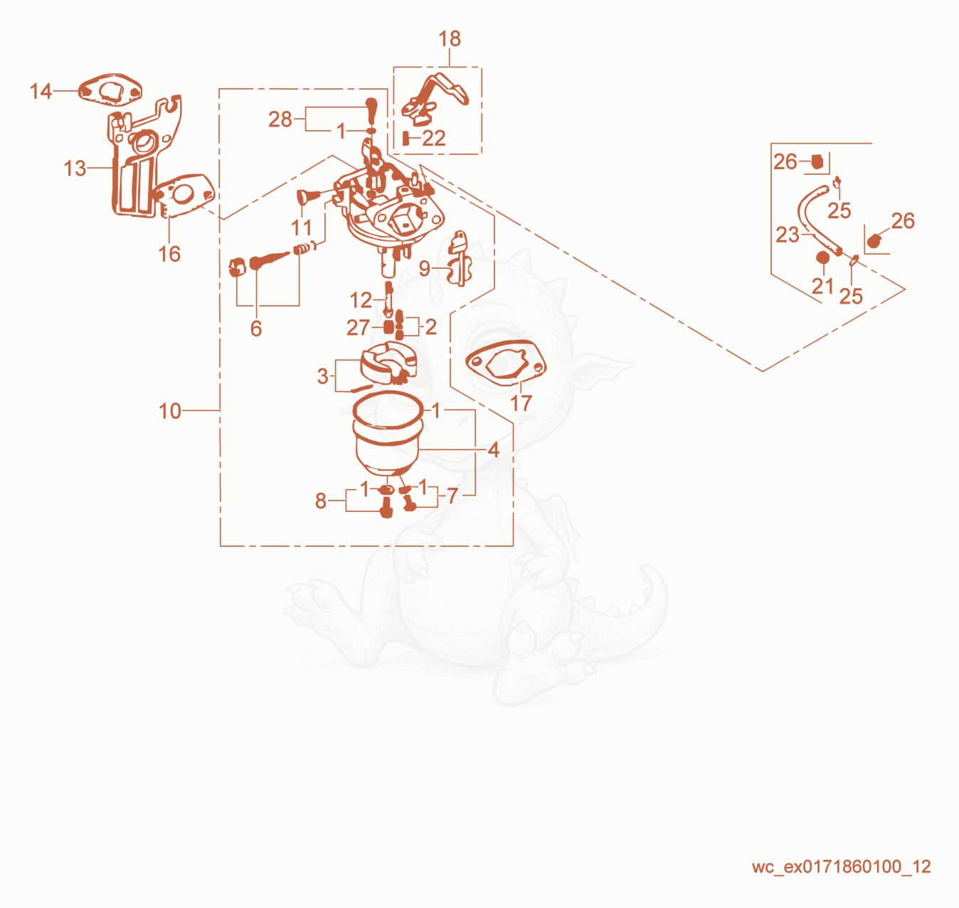 Exploded parts diagram of the Carburetor cpl. of a Wacker Neuson GV2500A, with numbered balloons