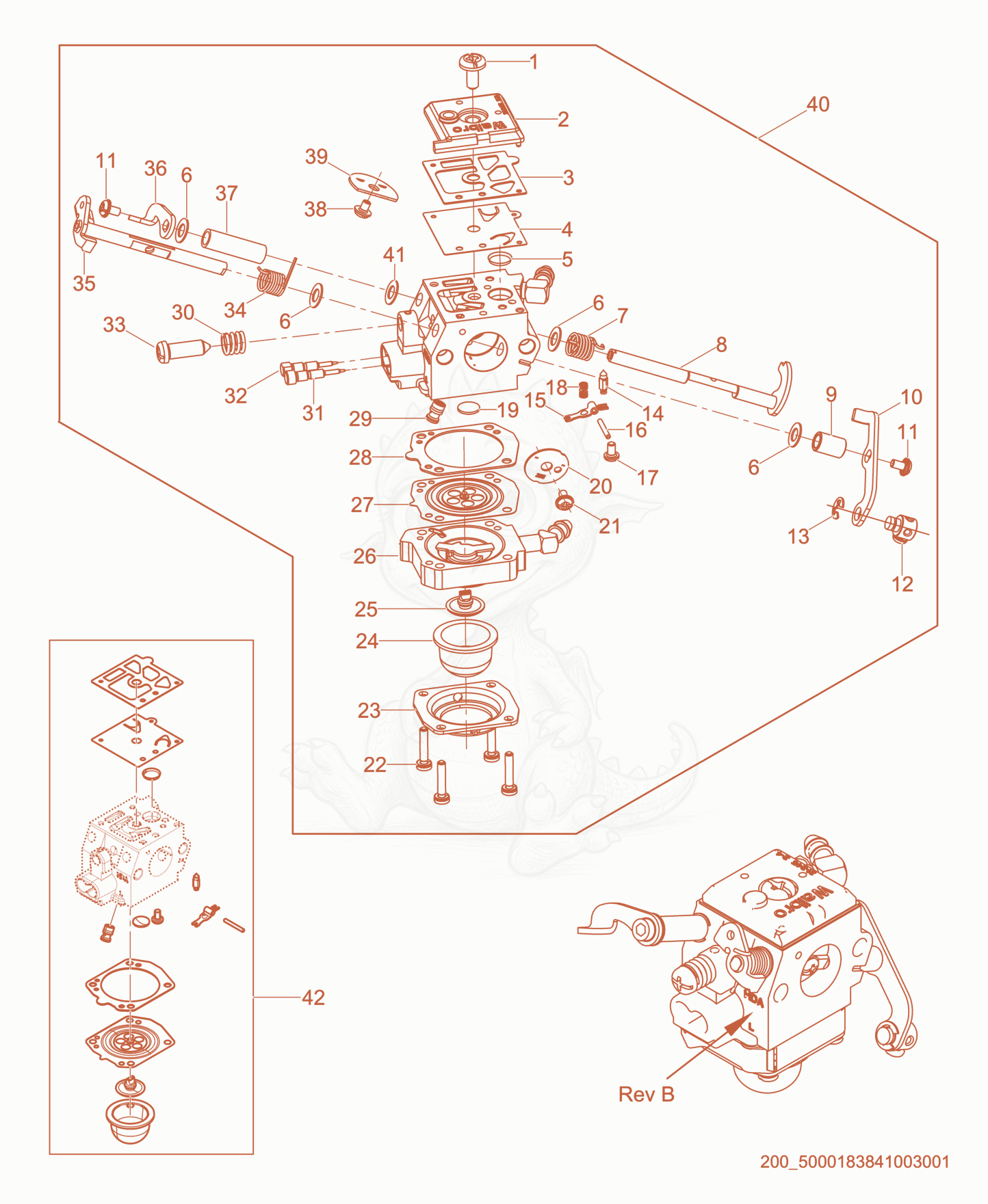 Exploded parts diagram of the Carburetor cpl. Rev-B of a Wacker Neuson BS50-2, with numbered balloons