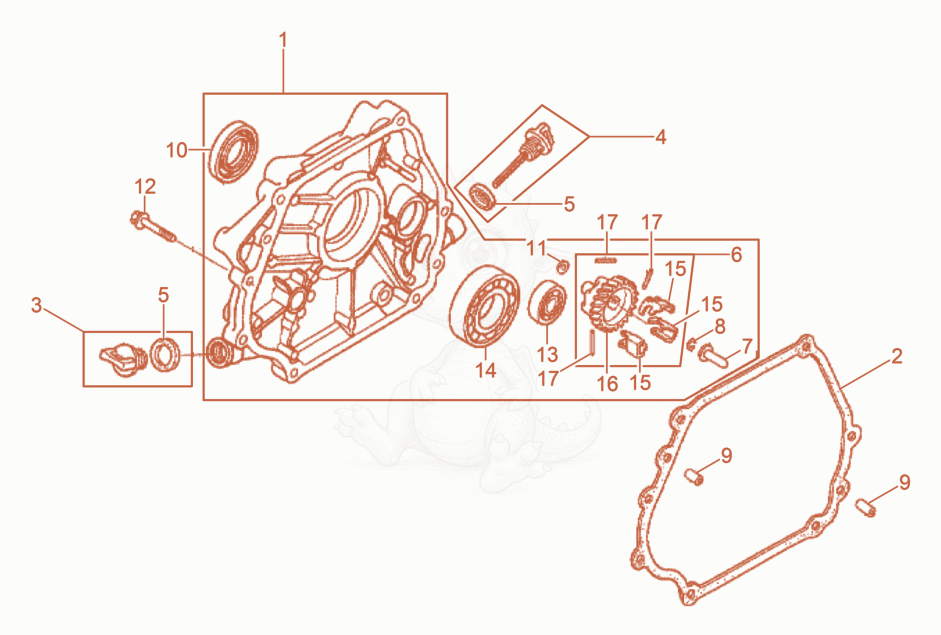 Exploded parts diagram of the Crankcase cover of a Wacker Neuson GV7003A, with numbered balloons