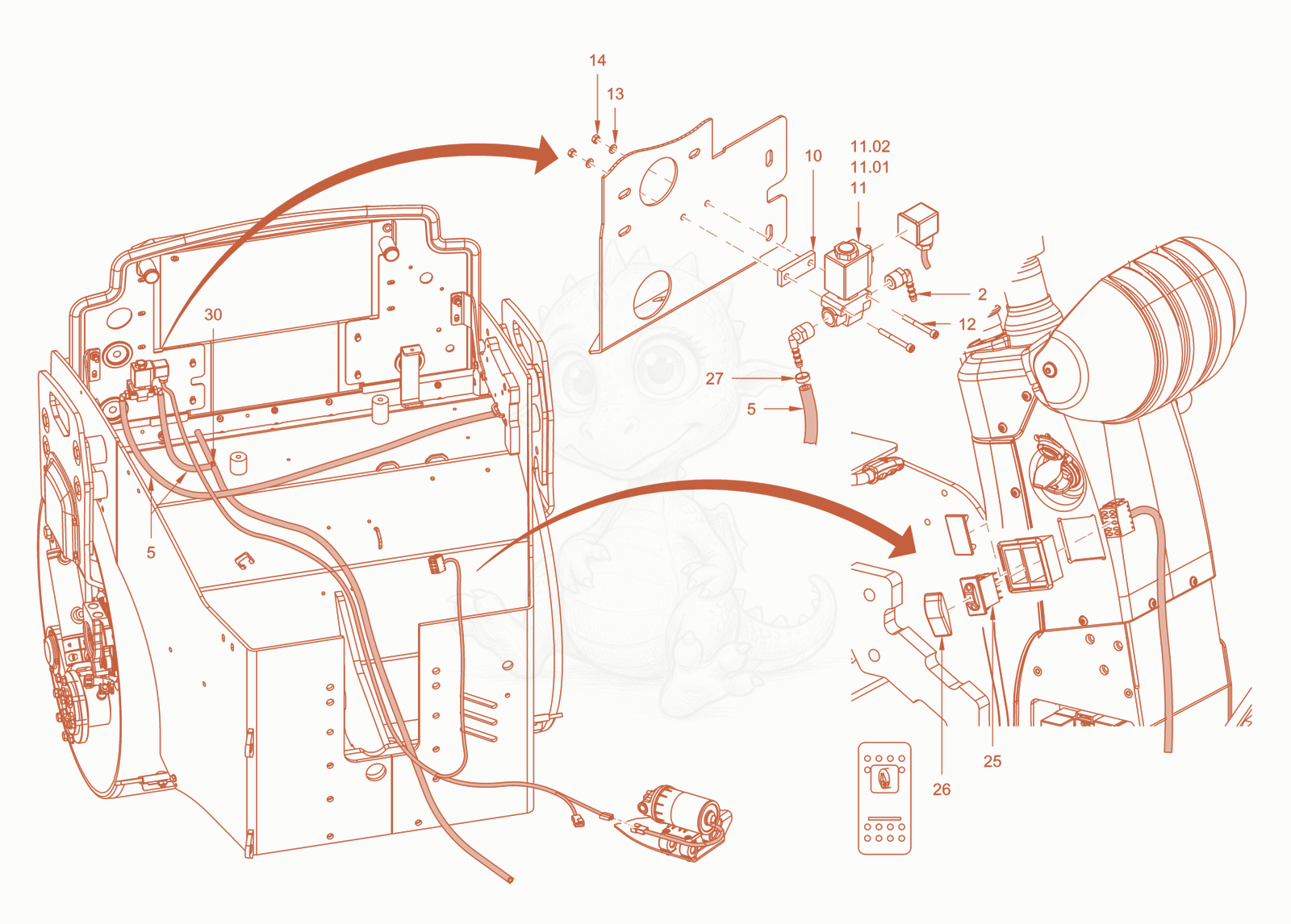 Exploded parts diagram of the edge pressing and cuttingdevice of a Wacker Neuson RD40-130CDPF, with numbered balloons