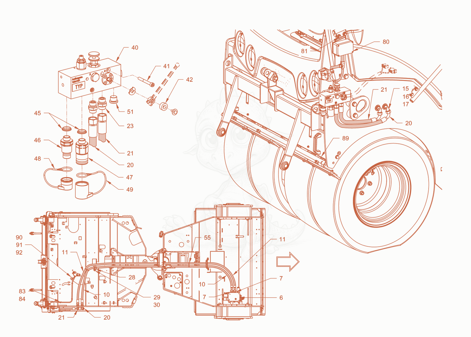 Exploded parts diagram of the cylinder spreader of a Wacker Neuson RD40-130CDPF, with numbered balloons