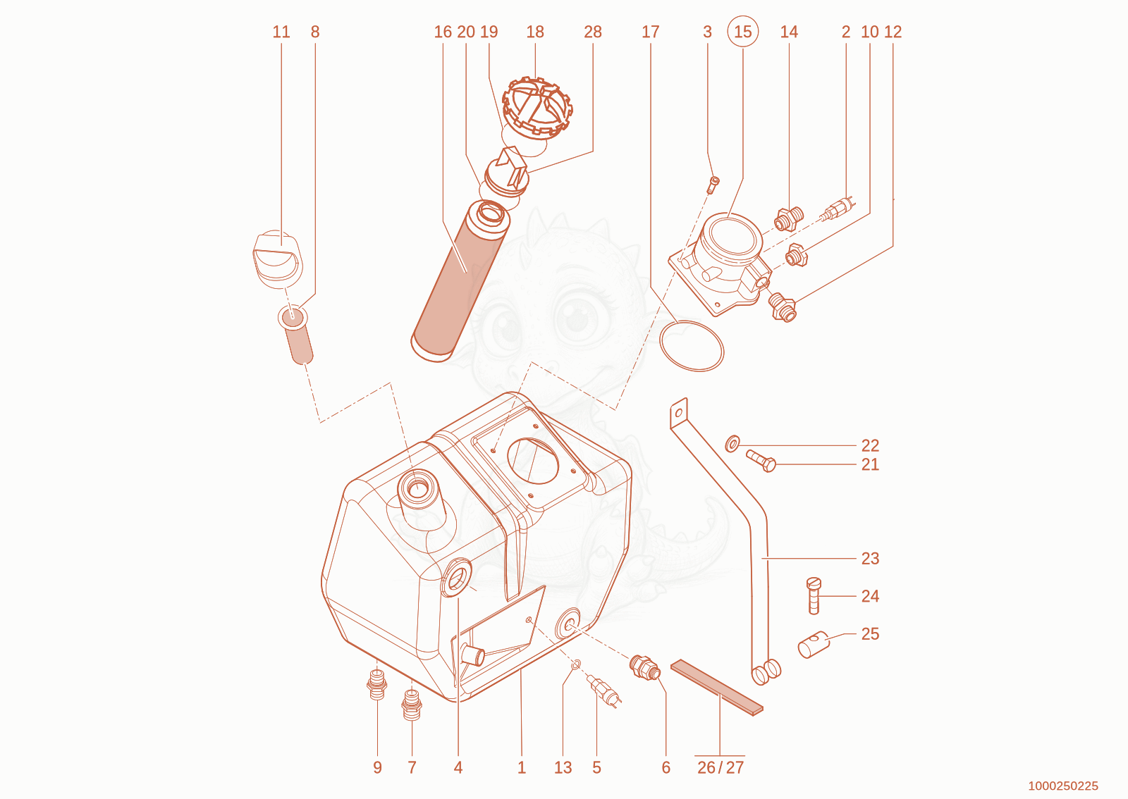 Exploded parts diagram of the oil tank of a Wacker Neuson 1150, with numbered balloons