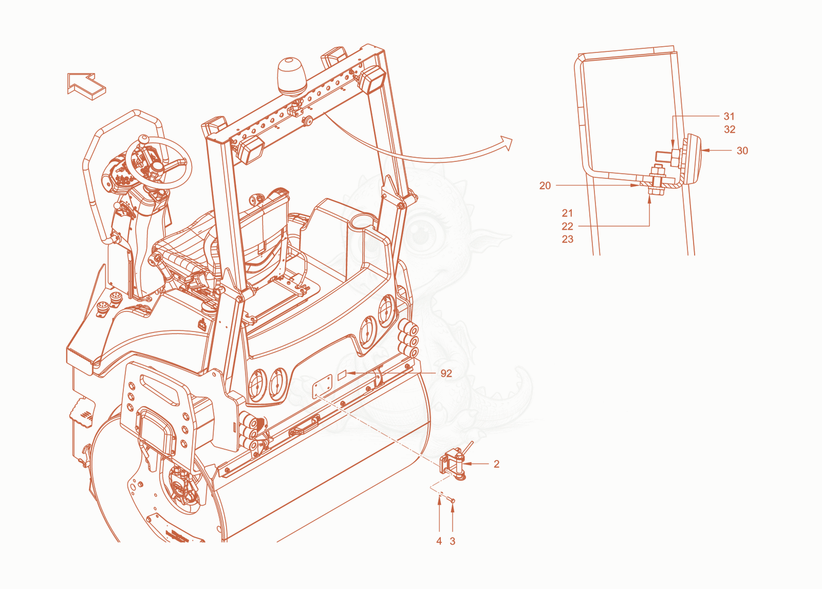 Exploded parts diagram of the trailer coupling of a Wacker Neuson RD40-130CDPF, with numbered balloons