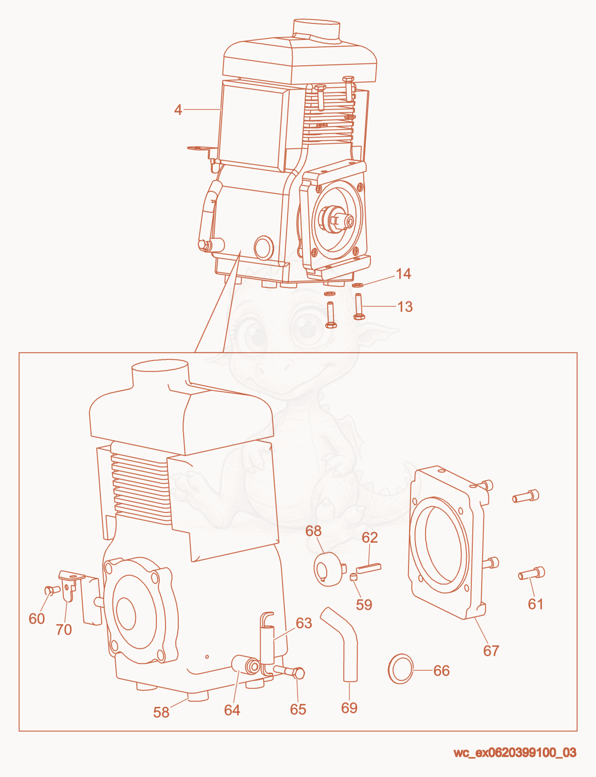 Exploded parts diagram of the Engine cpl. of a Wacker Neuson BV50A-PEU, with numbered balloons