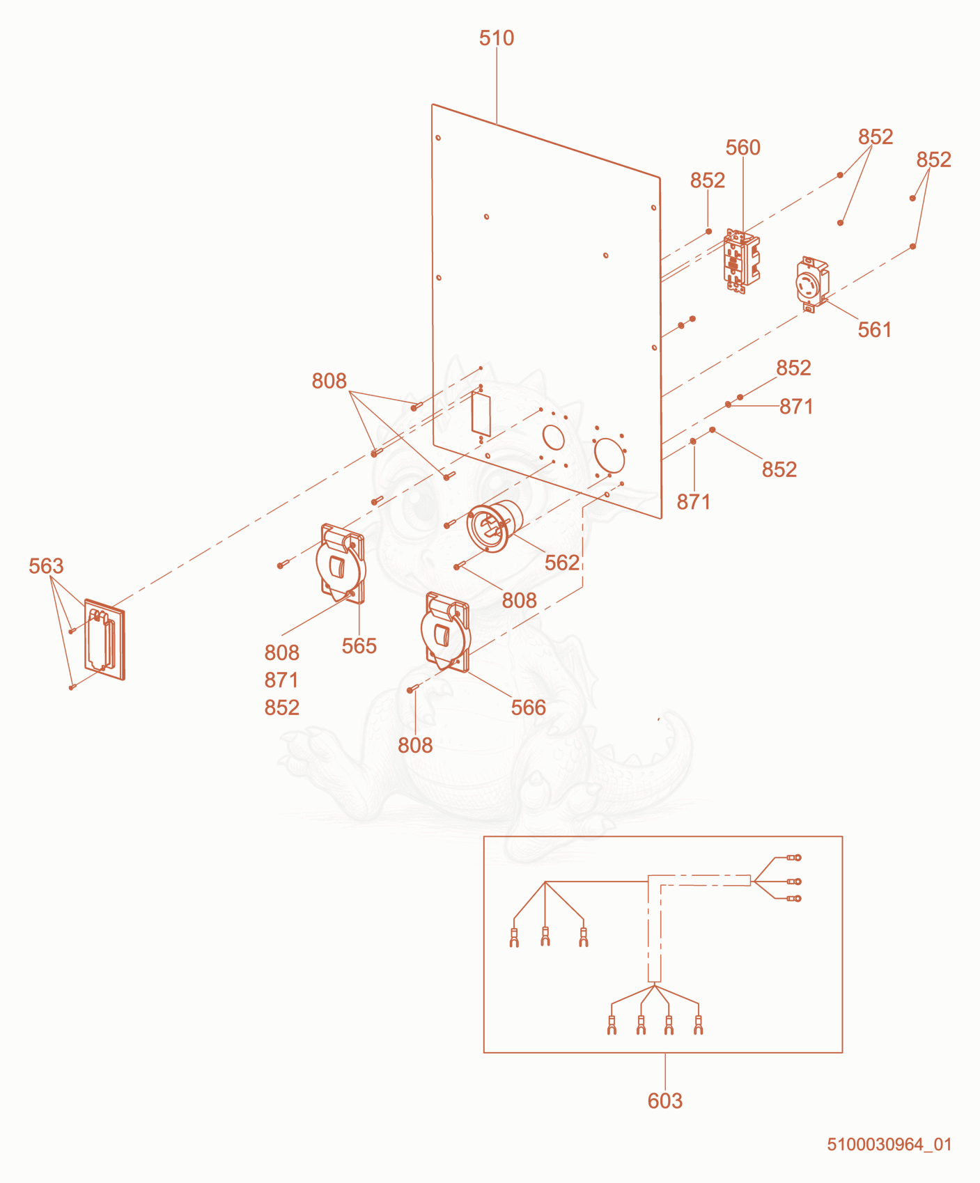 Exploded parts diagram of the Option-Receptacle Panel cpl.,Shore Power of a Wacker Neuson LTV6L, with numbered balloons
