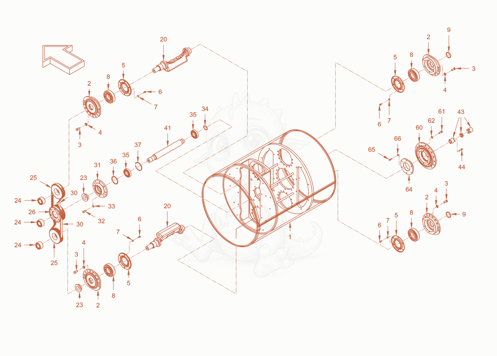 Exploded parts diagram of the roller drum with oscillator of a Wacker Neuson RD24-100OUS, with numbered balloons