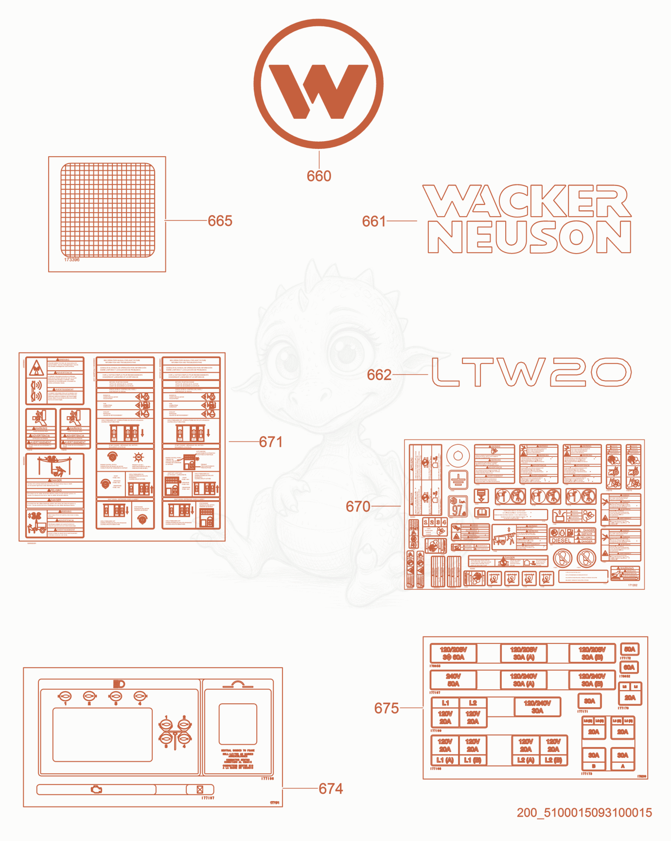 Exploded parts diagram of the Labels of a Wacker Neuson LTW20Z3-VS, with numbered balloons