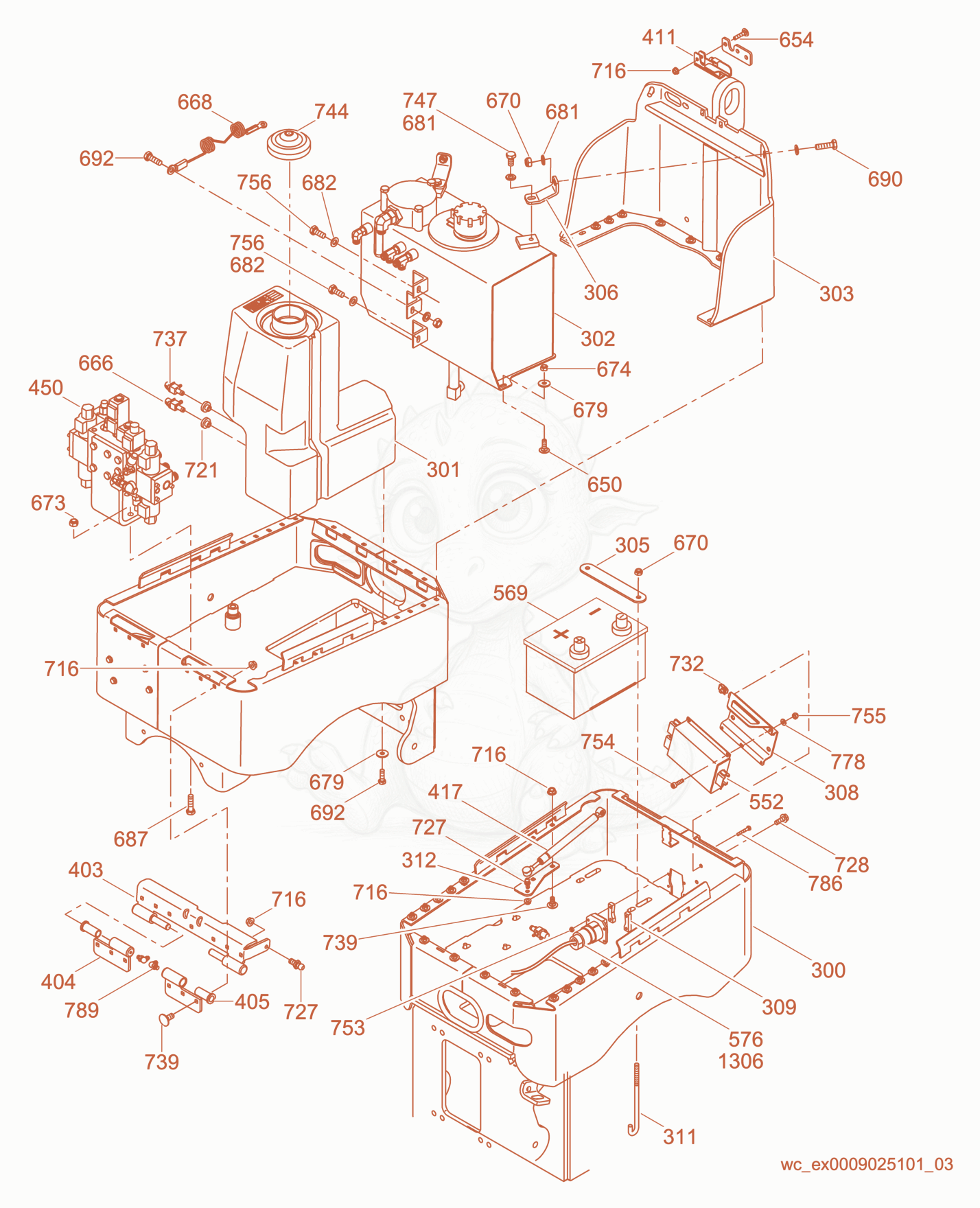 Exploded parts diagram of the Rear Frame of a Wacker Neuson RT56-SC, with numbered balloons