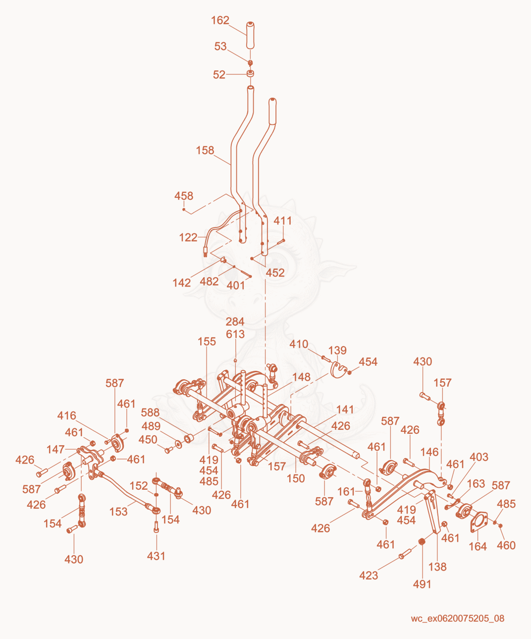 Exploded parts diagram of the Mechanical Steering of a Wacker Neuson CRT48-34V, with numbered balloons