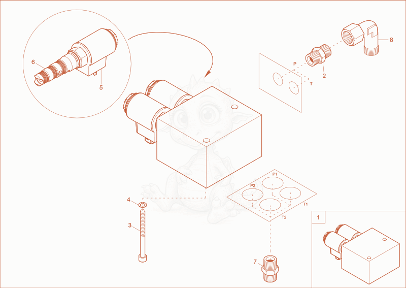Despiece del valve block stabilizers de una máquina Wacker Neuson EW65, con globos numerados