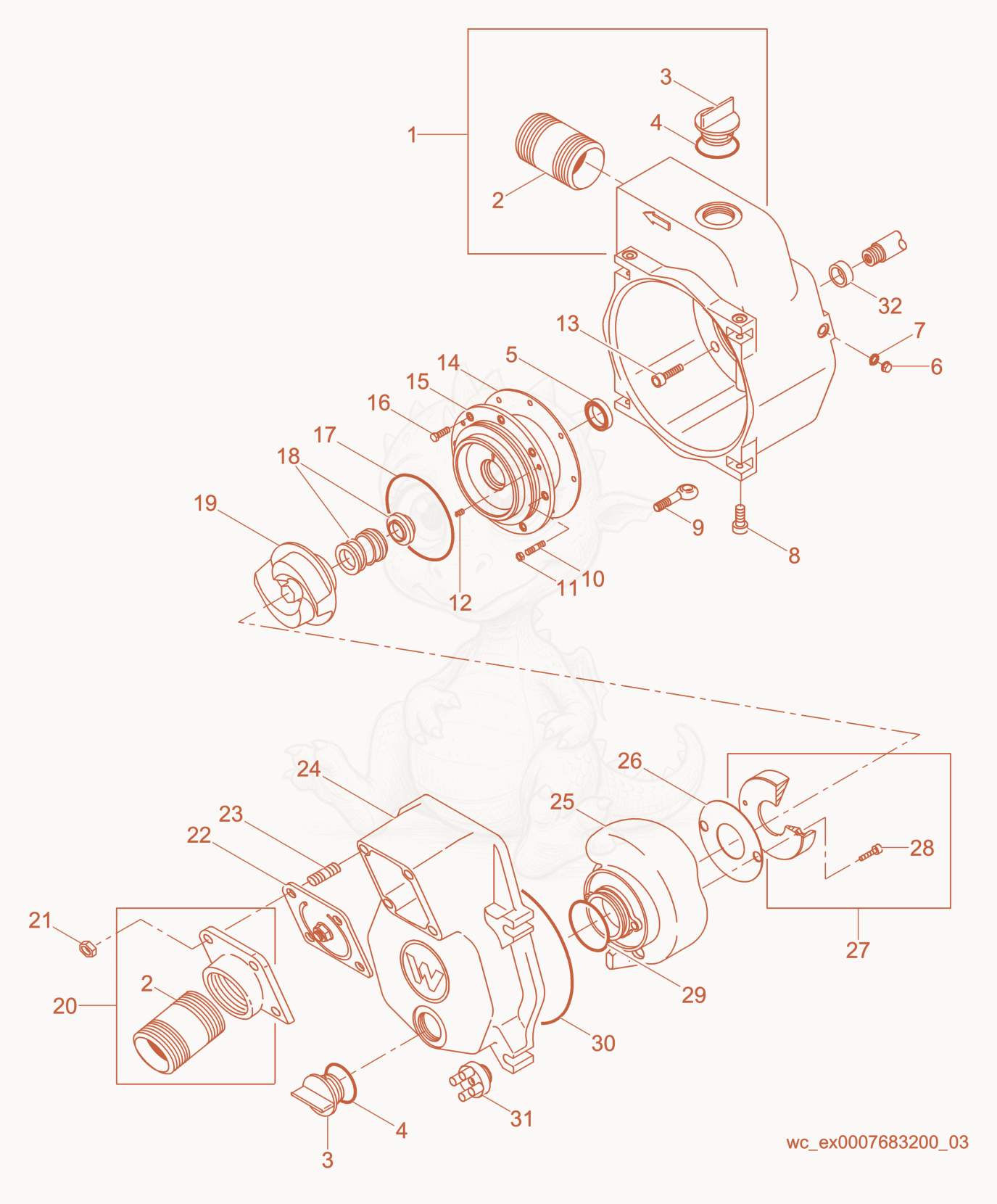 Exploded parts diagram of the Pump cpl. of a Wacker Neuson PTS4V, with numbered balloons