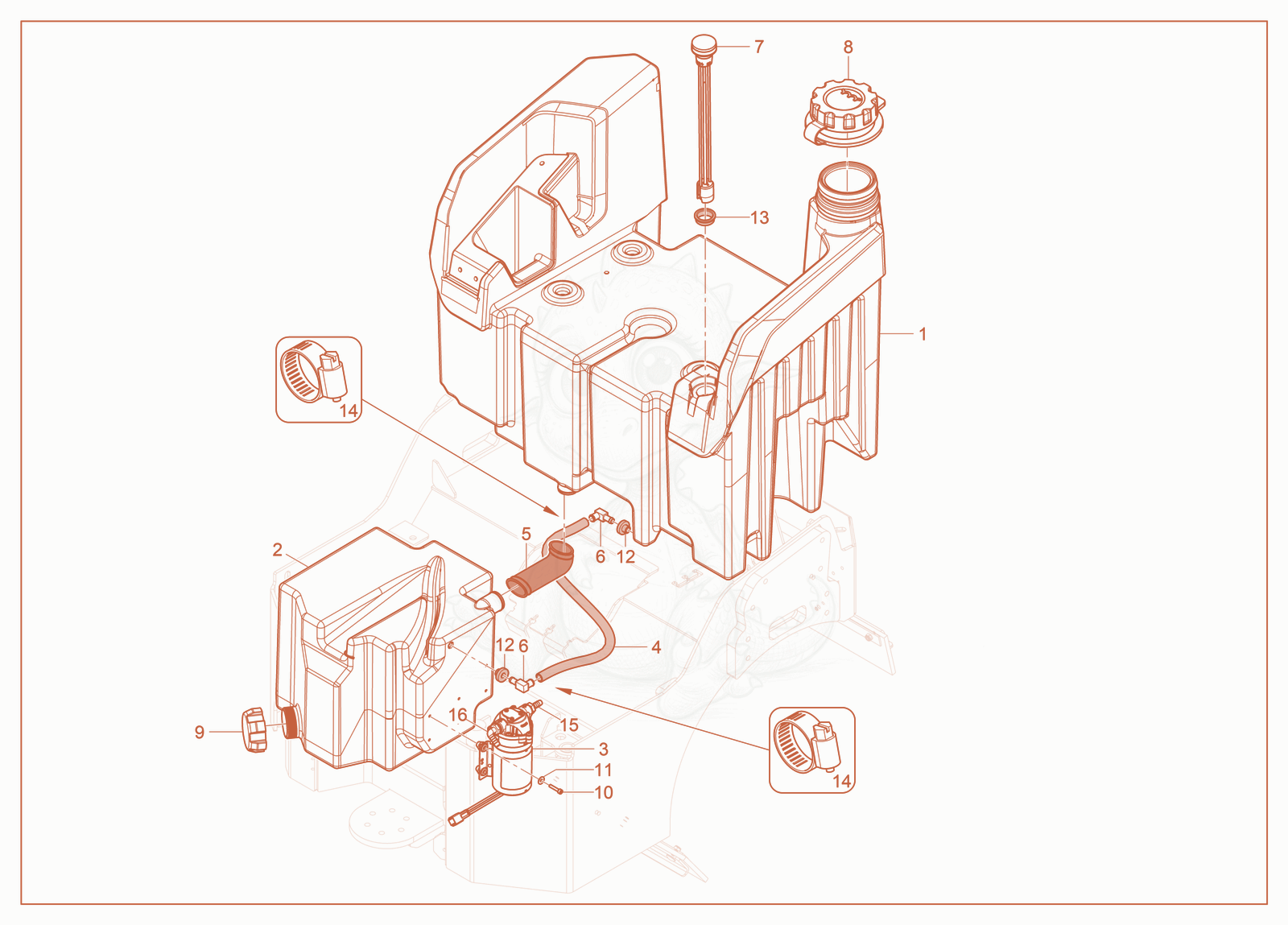 Exploded parts diagram of the Water Tank of a Wacker Neuson RD14K-90, with numbered balloons