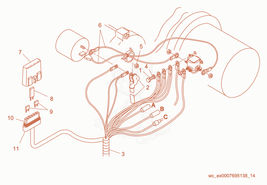 Exploded parts diagram of the Solenoid Wire Connection of a Wacker Neuson RD11AEC, with numbered balloons
