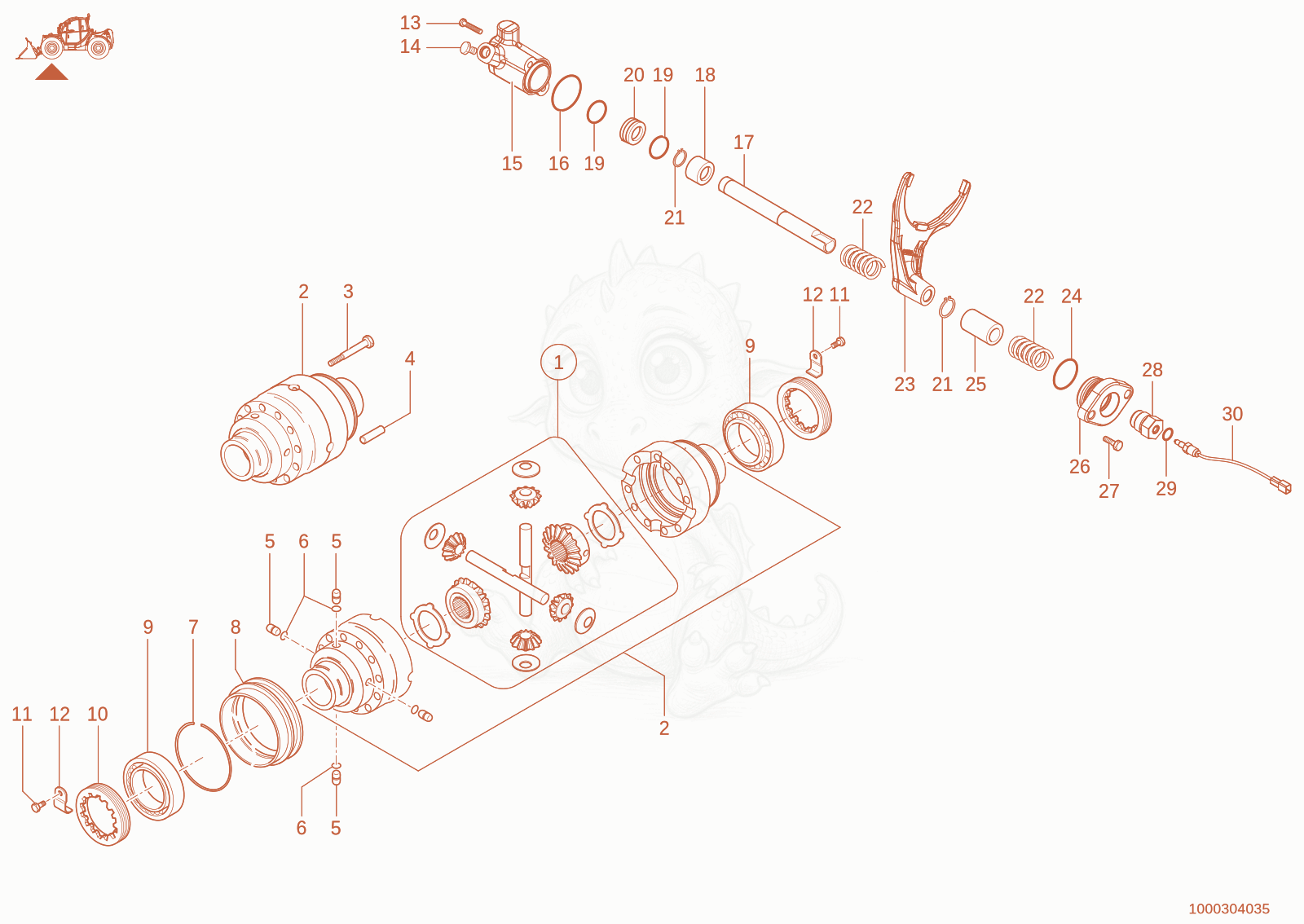 Exploded parts diagram of the differential of a Wacker Neuson TH755(416-04), with numbered balloons