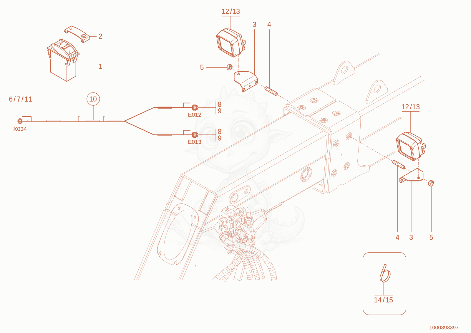 Exploded parts diagram of the Lighting lift arm of a Wacker Neuson TH730(415-24), with numbered balloons