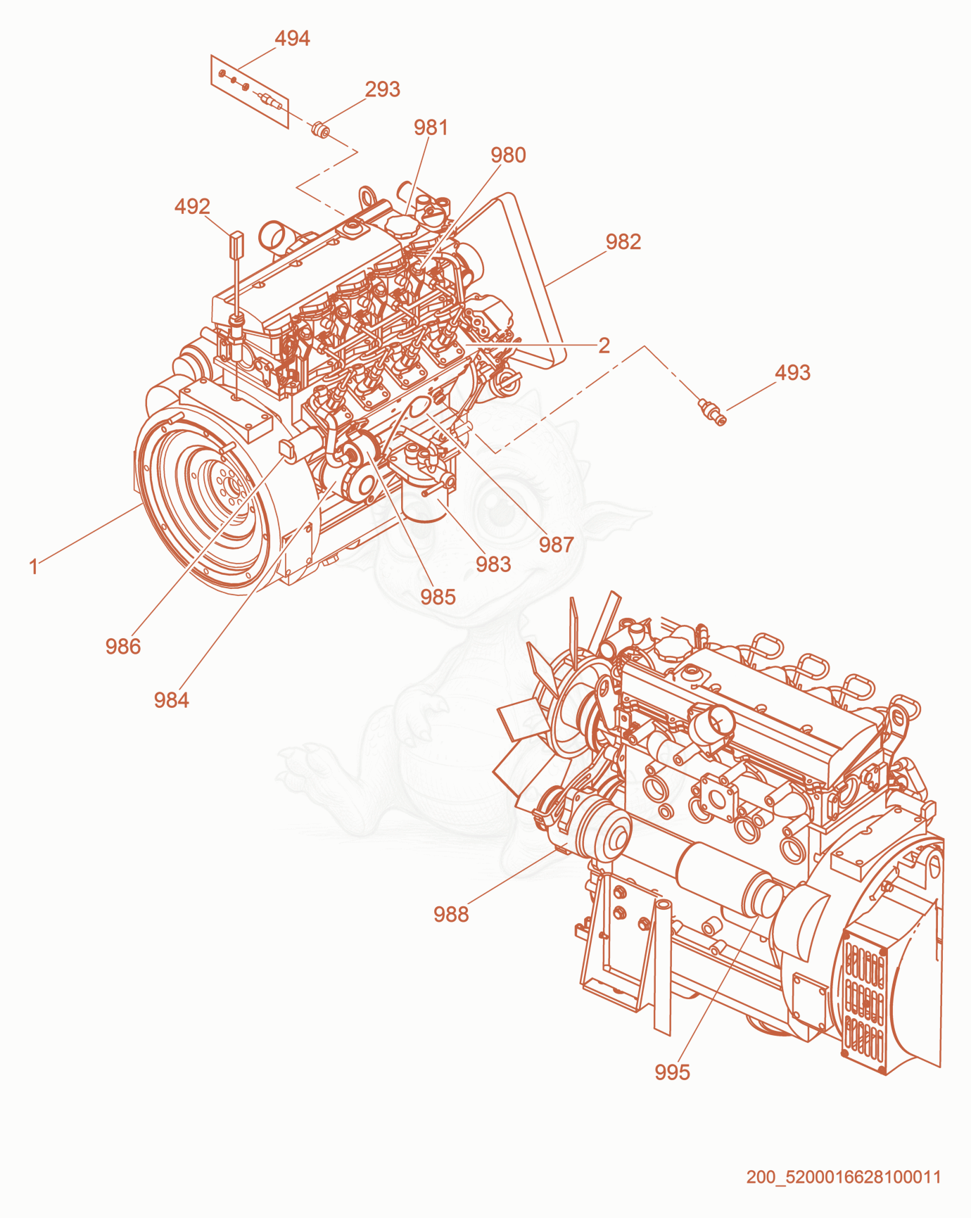 Despiece del Engine cpl. de una máquina Wacker Neuson G20, con globos numerados