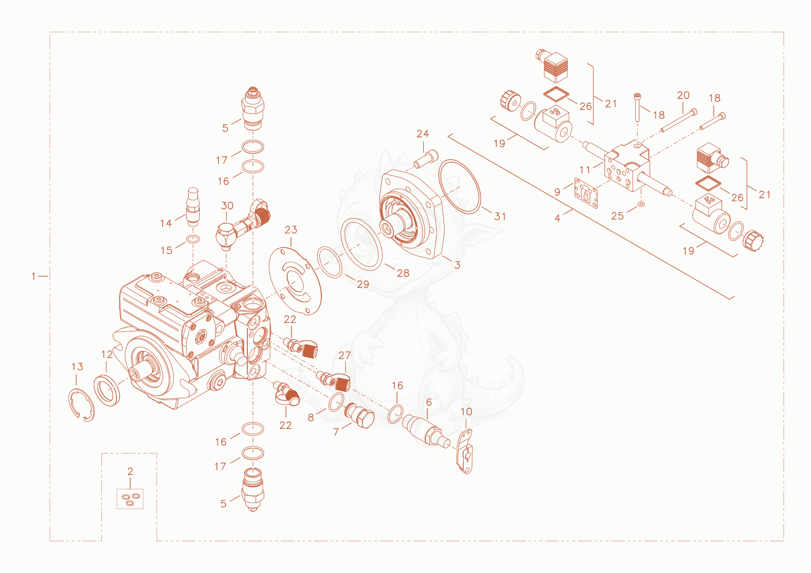 Exploded parts diagram of the displacement pump of a Wacker Neuson WL16, with numbered balloons