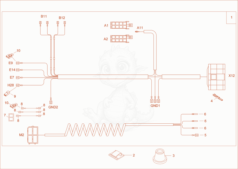 Exploded parts diagram of the wiring harness roof of a Wacker Neuson 9503, with numbered balloons