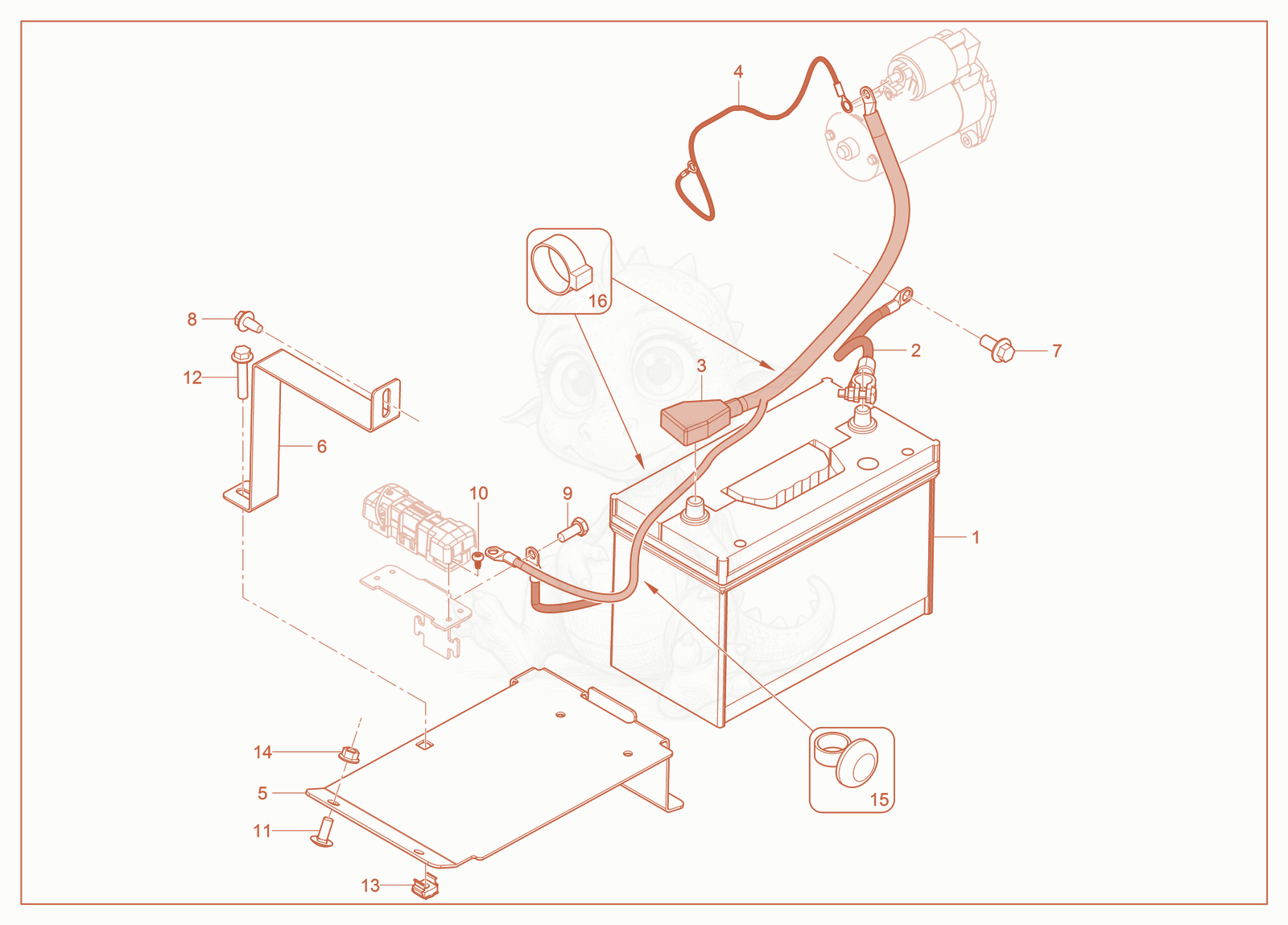 Exploded parts diagram of the Battery, Battery Cables of a Wacker Neuson ST28(S05-5), with numbered balloons
