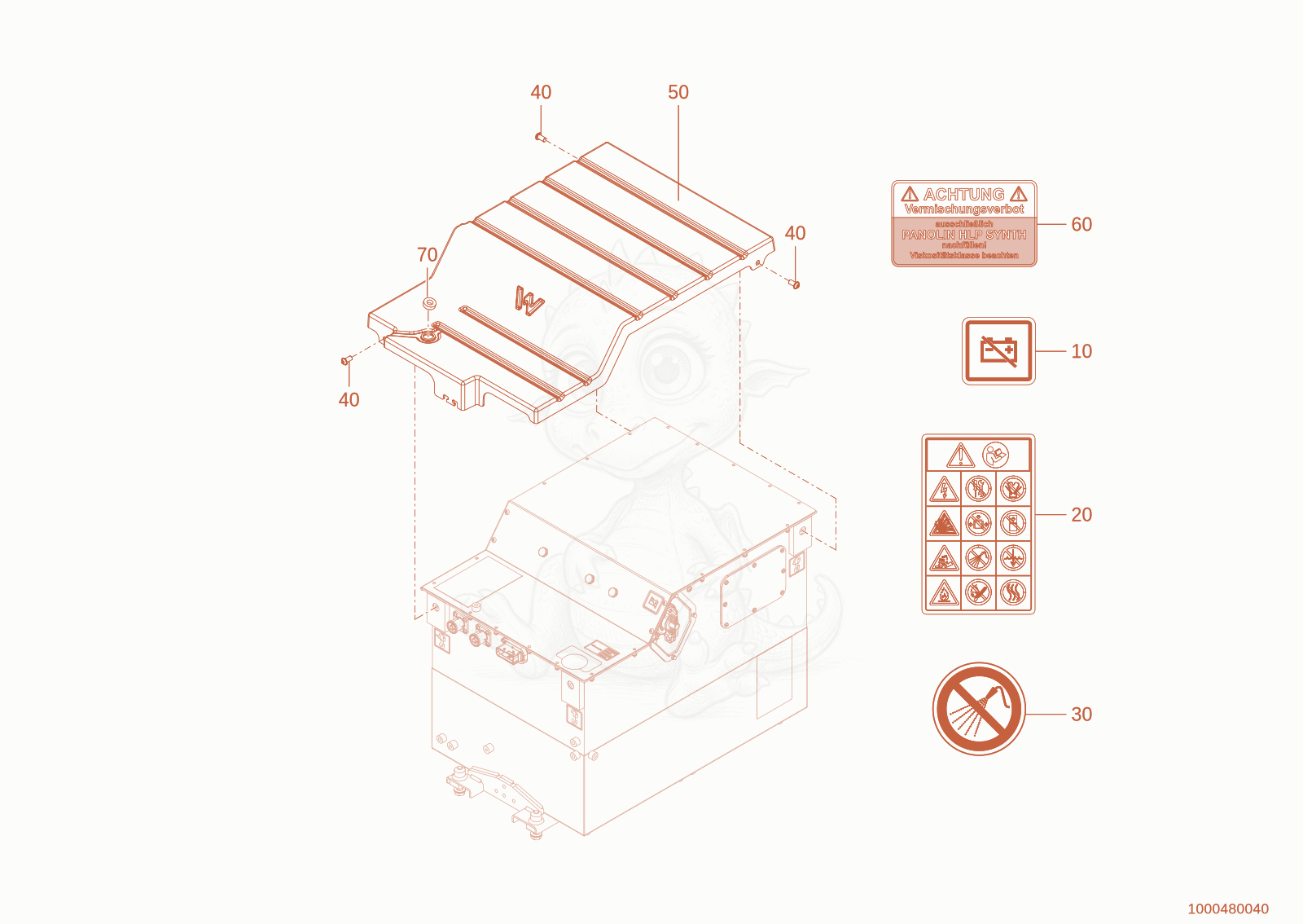 Exploded parts diagram of the battery cover of a Wacker Neuson WL300E(A15-01), with numbered balloons