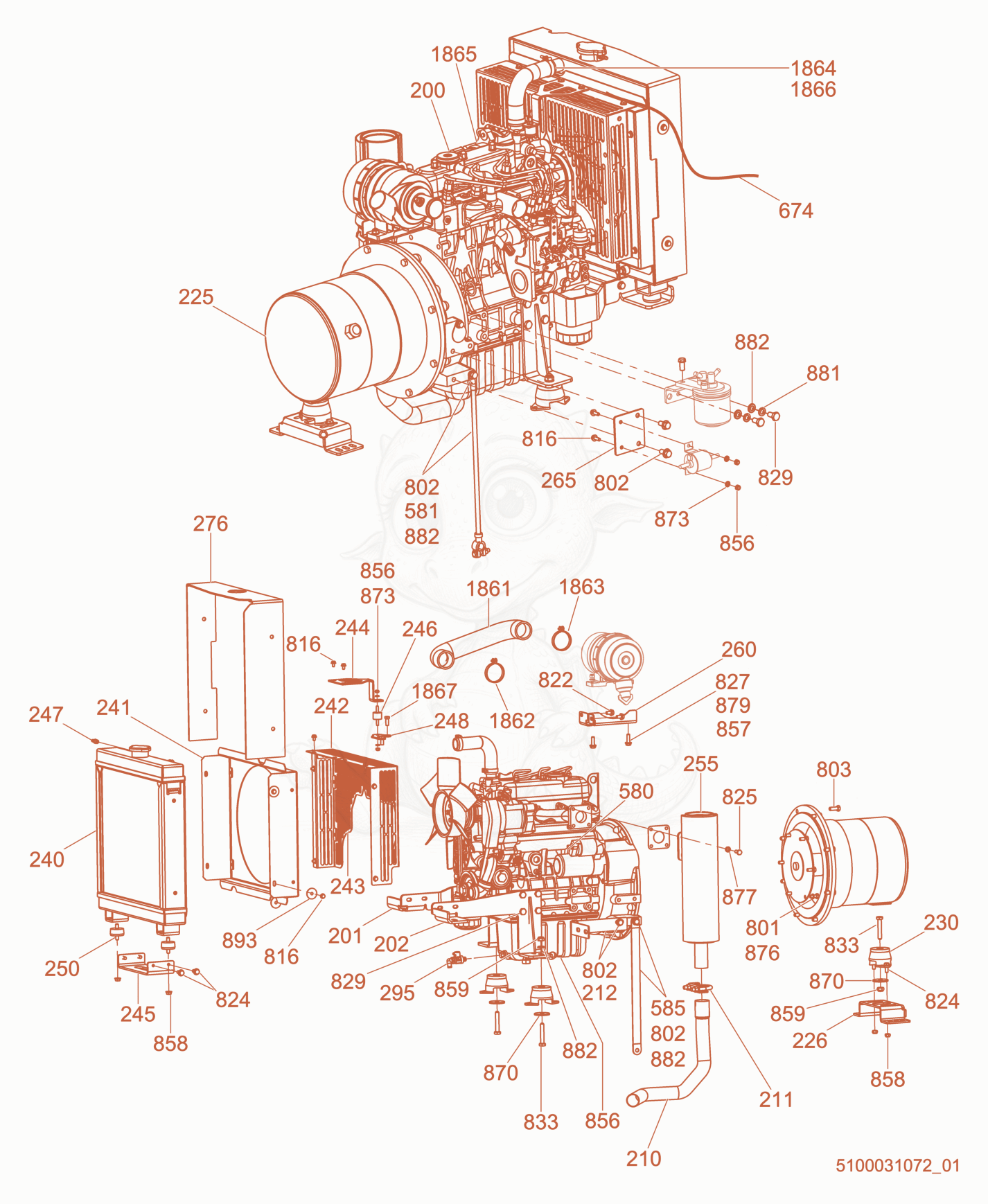 Exploded parts diagram of the Generator/Engine Support/Exhaust Pipe of a Wacker Neuson LTV6K, with numbered balloons