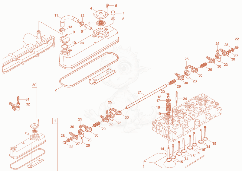 Exploded parts diagram of the CYLINDER HEAD, VALVE COVER of a Wacker Neuson DT23, with numbered balloons