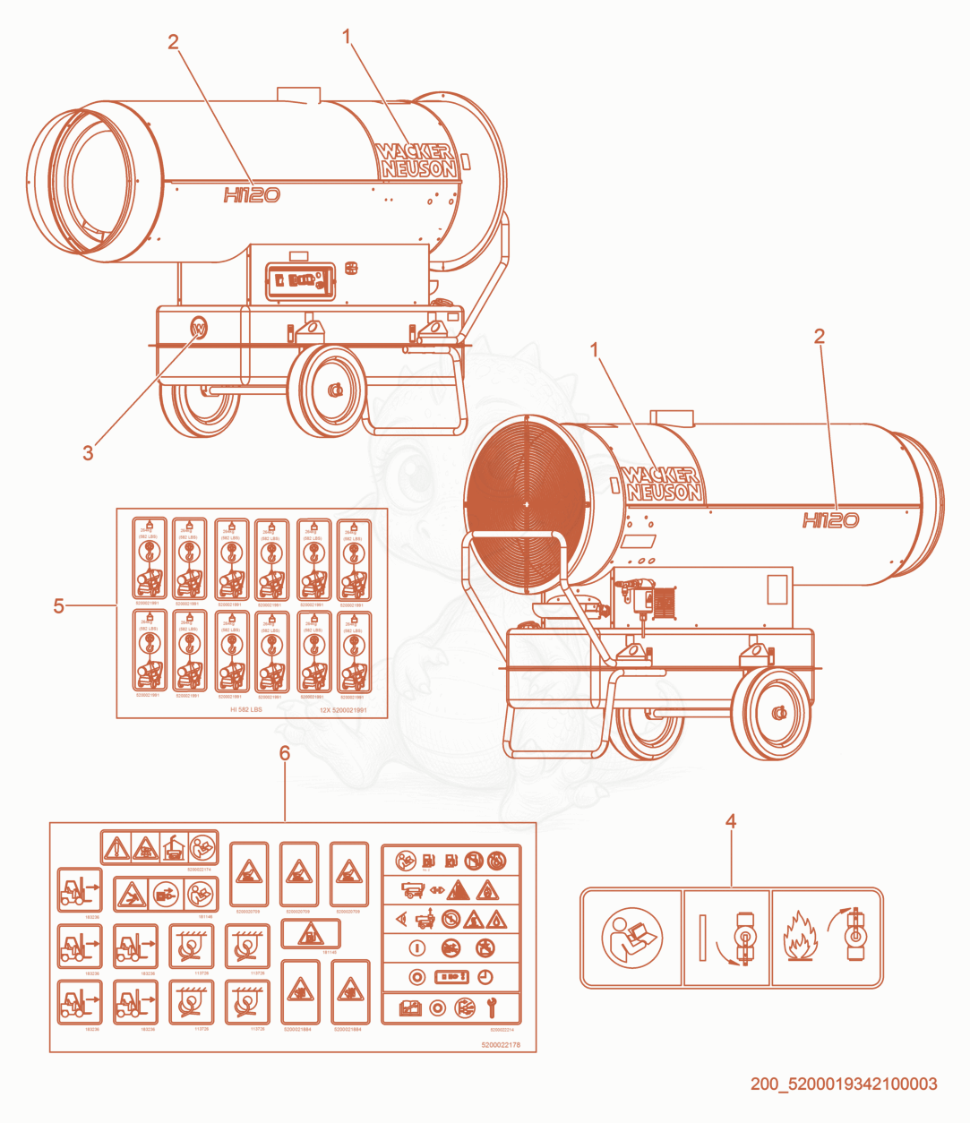 Exploded parts diagram of the Labels of a Wacker Neuson HI120, with numbered balloons